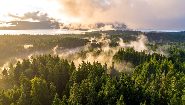 Aerial view of a dense forest with mist rising amidst tall trees, near a body of water under a cloudy sky - Powered by Adobe