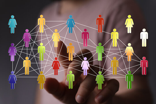Concept of global community and social networking, connectivity, partnership. Hand with people icons connected.