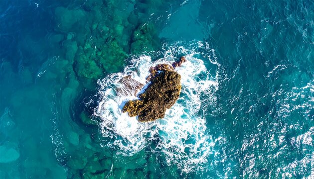 Aerial view of a rocky outcrop surrounded by foamy, turbulent sea water
