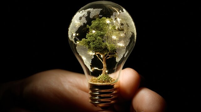 Miniature world ecosystem thrives inside illuminated glass electric bulb held by a human hand
