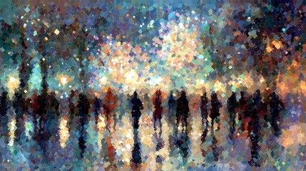 Oil painting style New Year&rsquo;s Eve city celebration with street crowds and glowing fireworks above