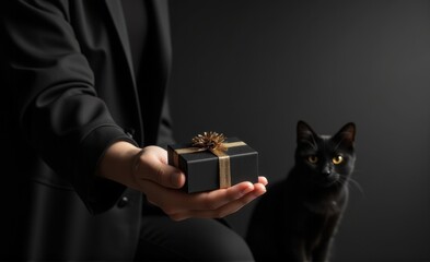 Obraz premium Close-up of Hand Delivering a Small Black Friday Present to a Black Cat