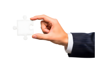 Hand holding a white puzzle piece isolated on transparent background