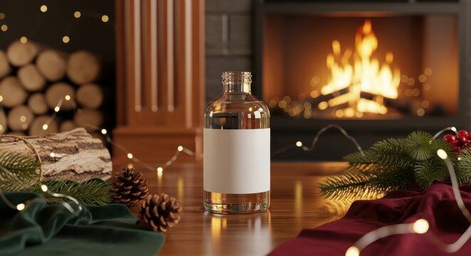 Cozy winter product mockup Clear glass bottle with blank label, set amidst festive holiday decor, sparkling lights, and a warm fireplace - Powered by Adobe