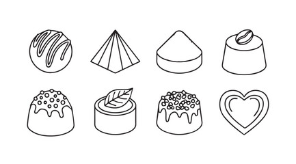 Collection of eight assorted sweet chocolate truffle desserts in a simple line drawing silhouette