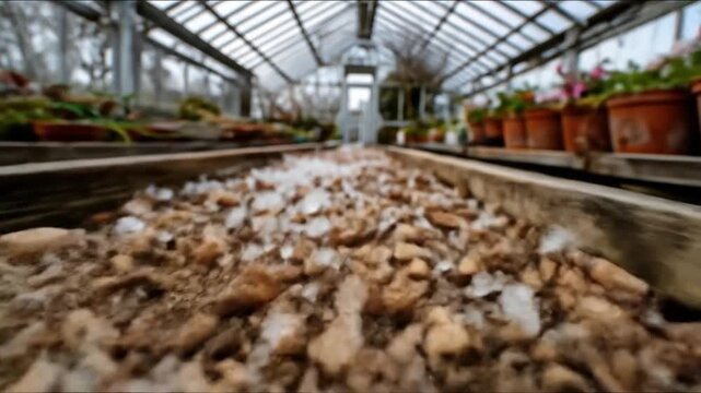 A greenhouse interior perspective focusing on the pebbled floor, leading to rows of plants in terracotta pots