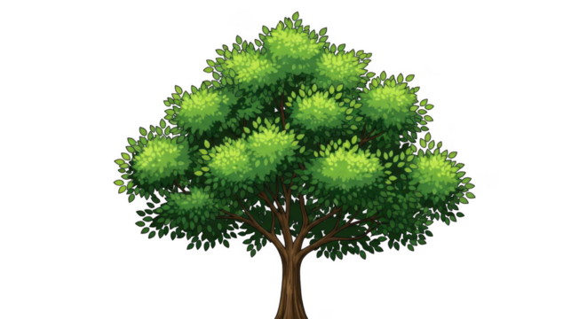 Vibrant green tree with textured foliage and brown trunk detailed pixel art illustration