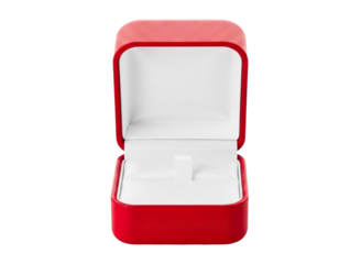 Open red velvet jewelry box with white interior isolated on transparent background
