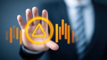 Business professional interacts with glowing digital interface featuring a central triangular symbol and sound wave graphics