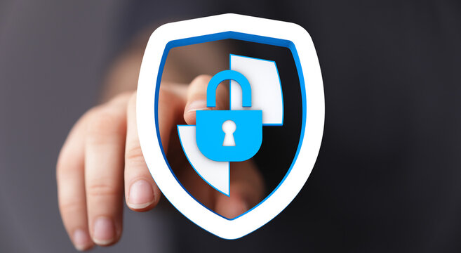 A hand touching a digital shield with a padlock, symbolizing data protection, cyber security, and online safety. Ideal for illustrati