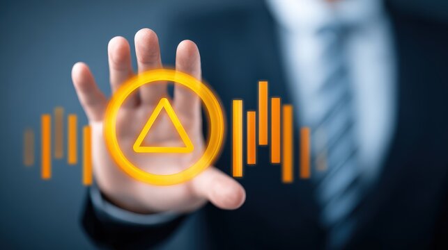 Business professional interacts with glowing digital interface featuring a central triangular symbol and sound wave graphics