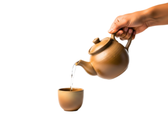 Hand pouring tea from a teapot into a cup isolated on transparent background