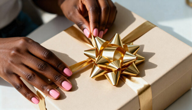 Close-up of a Black woman's hands wrapping a gift box. Person tying a shiny gold ribbon and bow on a present for a celebration. Christmas shopping and holiday giving concept