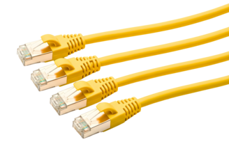 Four yellow ethernet cables connected isolated on transparent background
