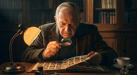 Senior Man's Passionate Stamp Collection Examination with Magnifying Glass, Enthusiast Enjoys Hobby of Collecting Postage Stamps in Library Under Desk Lamp, Reading About Stamps