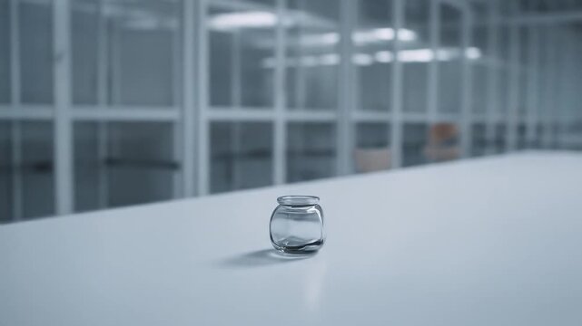 Small glass jar on a white table in a light-filled room with blurred windows in the background