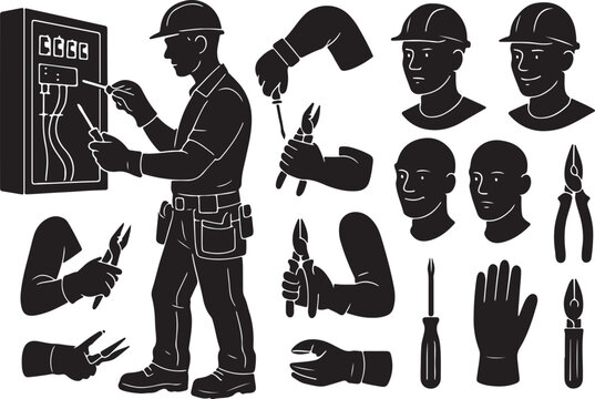 Electrician silhouette set: worker at electrical panel, hard hat. isolated heads, hands with screwdrivers, pliers, wire strippers. electrical repair, construction, maintenance work.