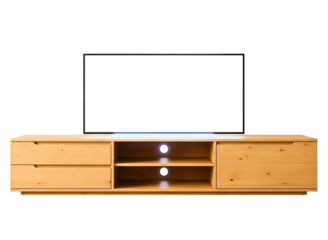 Modern wooden tv stand with flat screen television isolated on transparent background