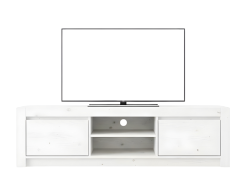 Modern white tv stand with flat screen television isolated on transparent background