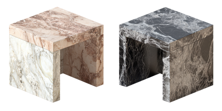Isometric View of Marble Stools Displaying Textures and Minimalist Design