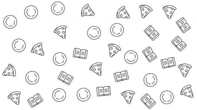 Plates, pizza slices, and open books arranged in a pattern. Perfect for food or educationrelated designs and projects.