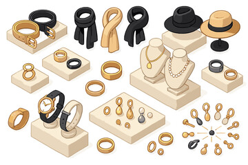 Isometric display of gold and black luxury jewelry and fashion accessories