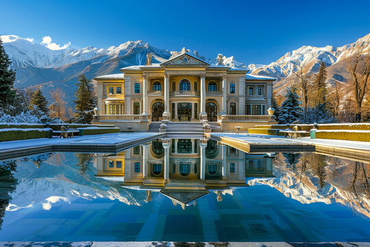 Stunning mansion with reflecting pool and snow-capped mountains under clear blue skies - Powered by Adobe