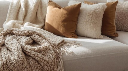 Cozy Beige Living Room Sofa with Layered Textures and Warm Neutrals 