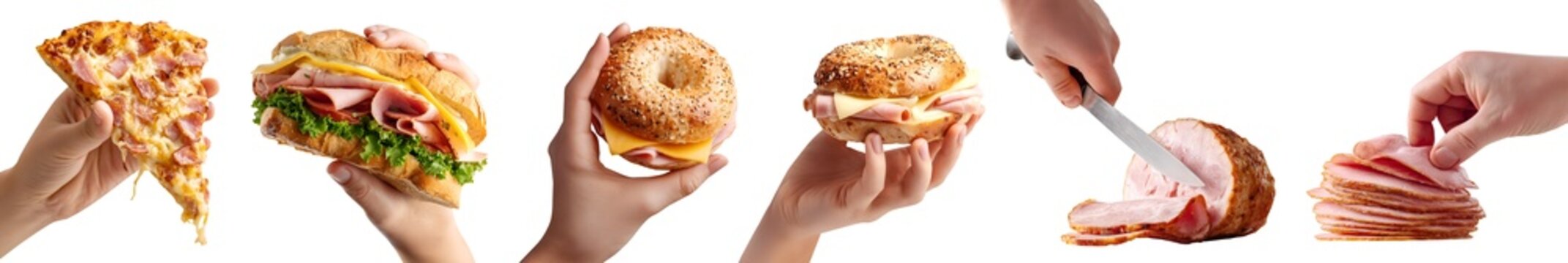 Set of hand holding ham, Parma Prosciutto fermented cured processed turkey pork meat, bagel sandwich submarine bread pizza, knife slice pile, transparent cutout PNG. Many different style Mockup	
