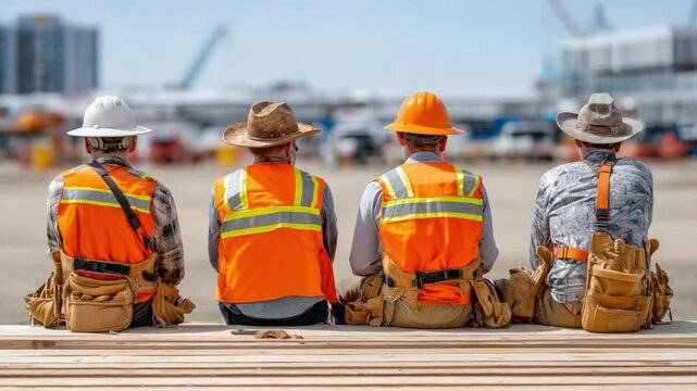 Building Team: A group of construction workers, wearing safety gear, take a moment of respite outdoors, gazing at the construction site.