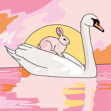 Swan and Pink Bunny Swimming on a Calm Water Lake with a Big Sunset and Colourful Wavy Sky Background