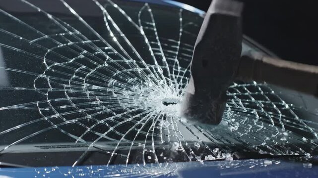 Sledgehammer striking car windshield, glass exploding outward from impact point, close-up of shattered, cracked windshield conveying violence, damage, force, and danger