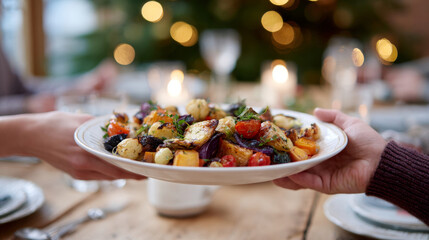 Close-up of two people sharing a plate of roasted vegetables at a festive dinner table with warm bokeh lights in the background