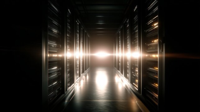 Bright light at the end of a data server corridor in a high-tech facility