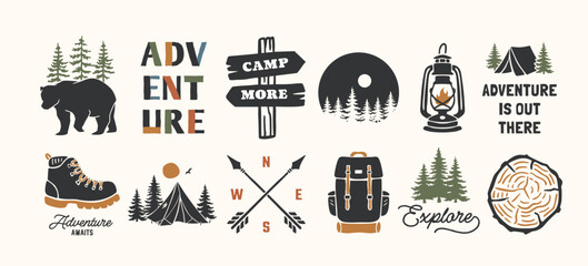 Adventure themed vector set with camping elements. Tents, trees, a backpack, a lantern, a compass, a bear, and typography. Perfect for outdoor, hiking, and travel design projects. © cddesign.co