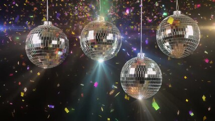 Four hanging disco balls reflecting colorful lights with falling confetti. - Powered by Adobe