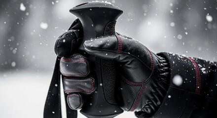 Close-up of a person's hand wearing a black leather ski glove with red accents, holding the grip of a ski pole in the snow.