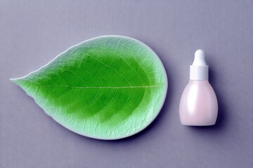 A pink dropper bottle and a green leaf-shaped dish are arranged on a textured purple surface, suggesting natural beauty or skincare.