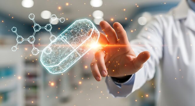 Innovative Pharmaceutical Research Doctor Manipulating Digital Pill Molecule - Powered by Adobe