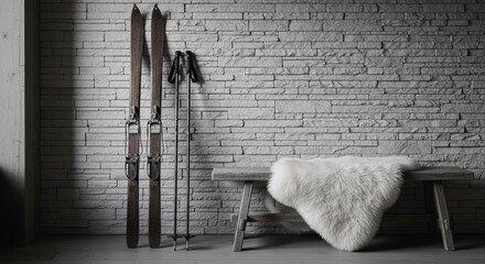 Vintage wooden skis and poles leaning against a stone brick wall next to a rustic bench with a white sheepskin throw.