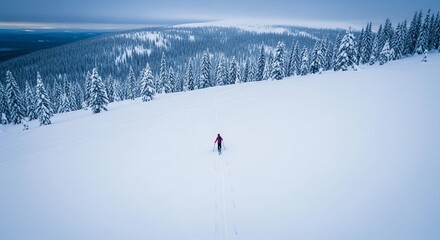 Aerial view of a solitary skier traversing a wide snowy hill lined with pine trees under a cold, overcast sky.