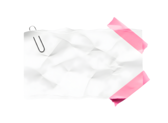 Crumpled white paper note with pink tape and paperclip isolated on transparent background