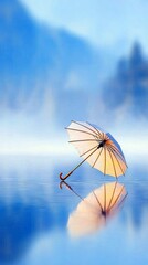 A lone umbrella floats on a serene body of water, casting a clear reflection.