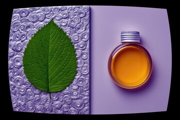 A green leaf is placed on a textured purple background, beside a small round glass bottle containing amber liquid.
