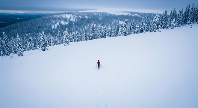 Aerial view of a solitary skier traversing a wide snowy hill lined with pine trees under a cold, overcast sky.