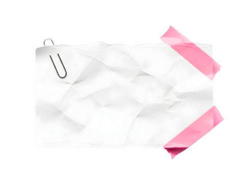 Crumpled white paper note with pink tape and paperclip isolated on transparent background