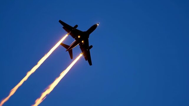 Airplane in flight with visible exhaust trails against a clear blue sky
