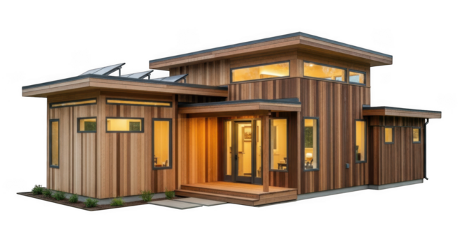 Modern wooden house architecture design with warm interior lighting elegance