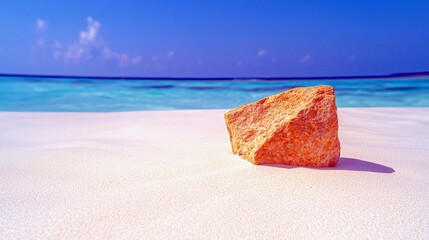 A solitary orange rock sits on a bright white sandy beach, with the calm, clear blue ocean and sky stretching out behind it.