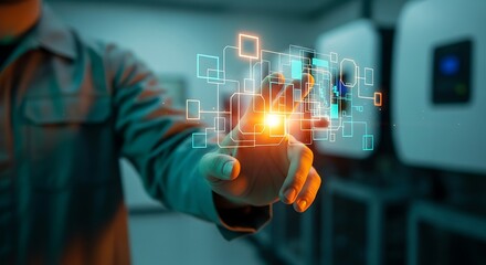 Hand interacting with digital interface, innovation in energy and solar power technology